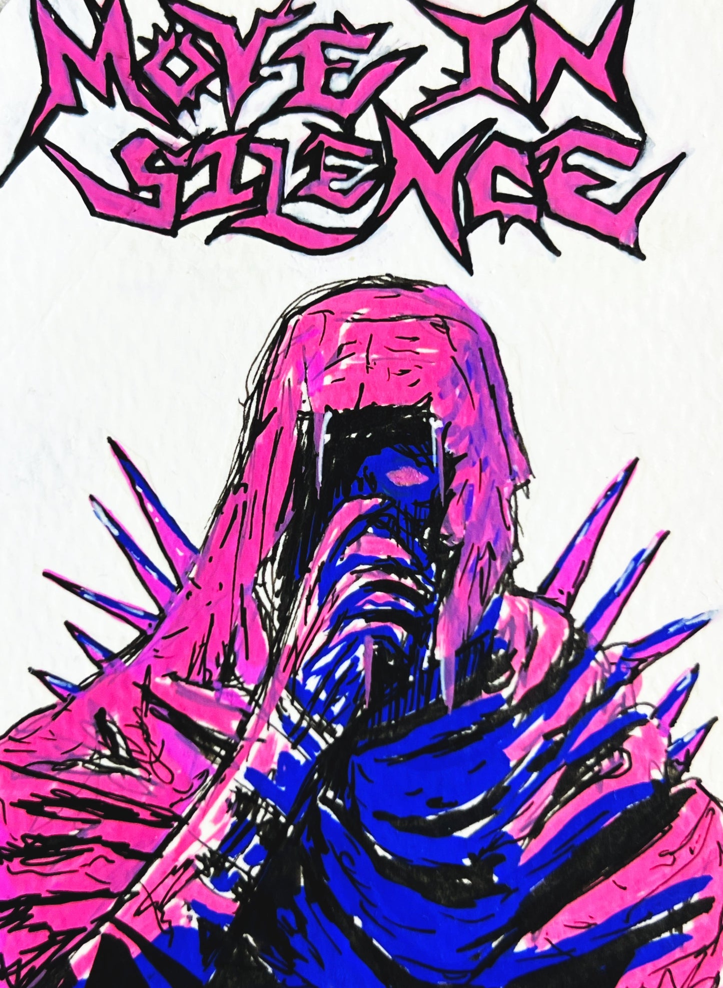 A rectangular printed card or sticker featuring a stylized horror illustration of a hooded spiky figure in pink and blue, with the text 'MORNING IN SILENCE' at the top, placed on a black-and-white checkered surface.